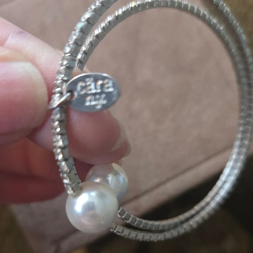 Cara‎ NY Silver Tone Rhinestone Faux Pearl Coil Wrap Bypass Bracelet Womens